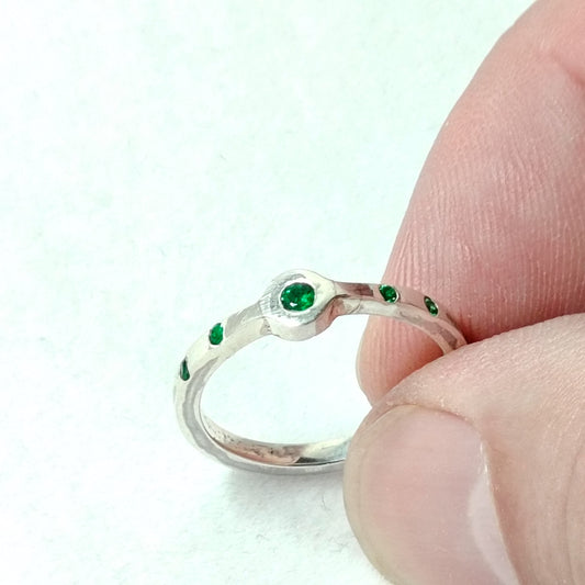 Penta Ring with 5 Emeralds in Sterling Silver Squared Band