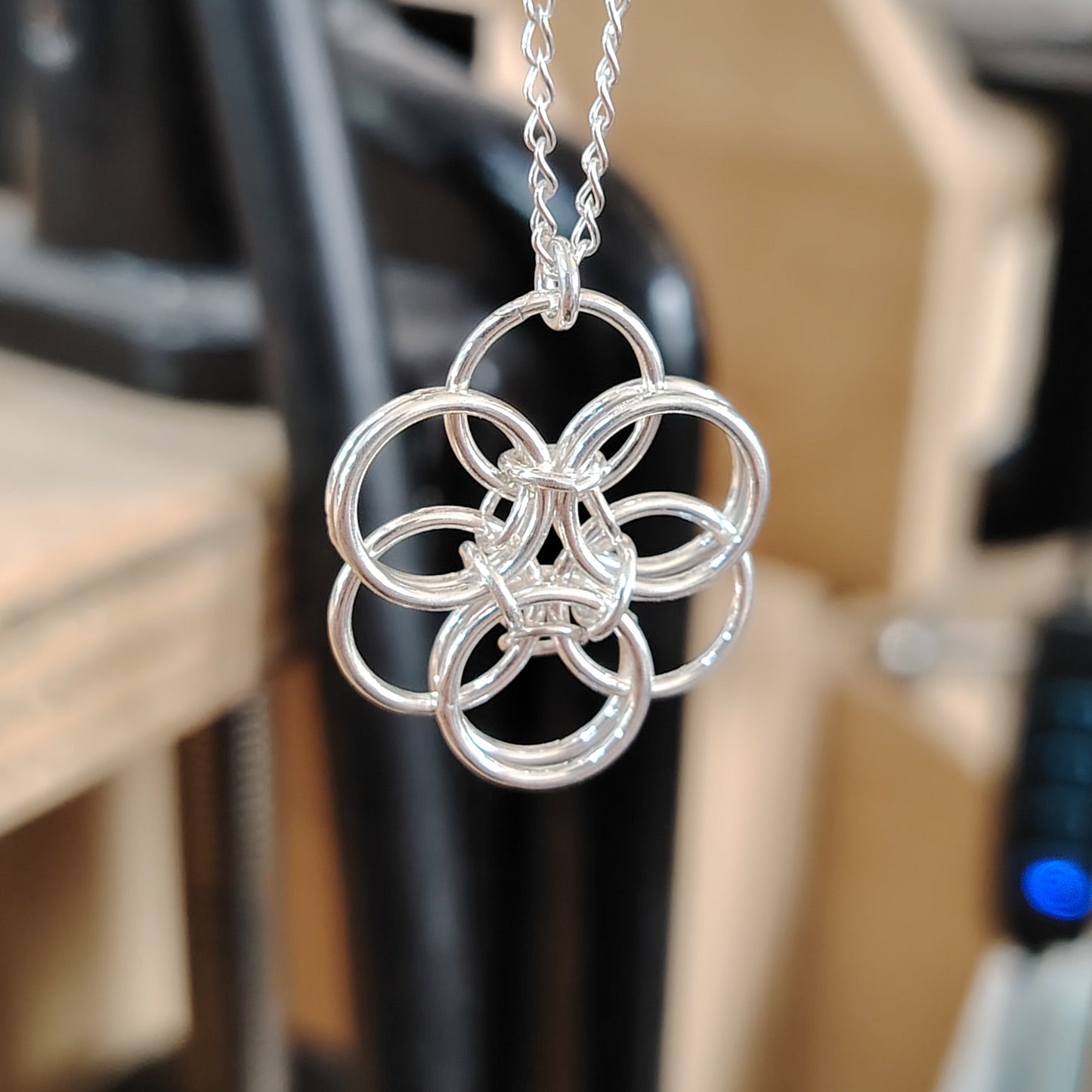 Chainmail Flower Necklace – Interlocking Silver Rings, Designed and handcrafted in London by AdeM