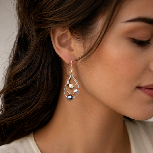 Galaxy Earrings – Three Pearls on Silver Loops