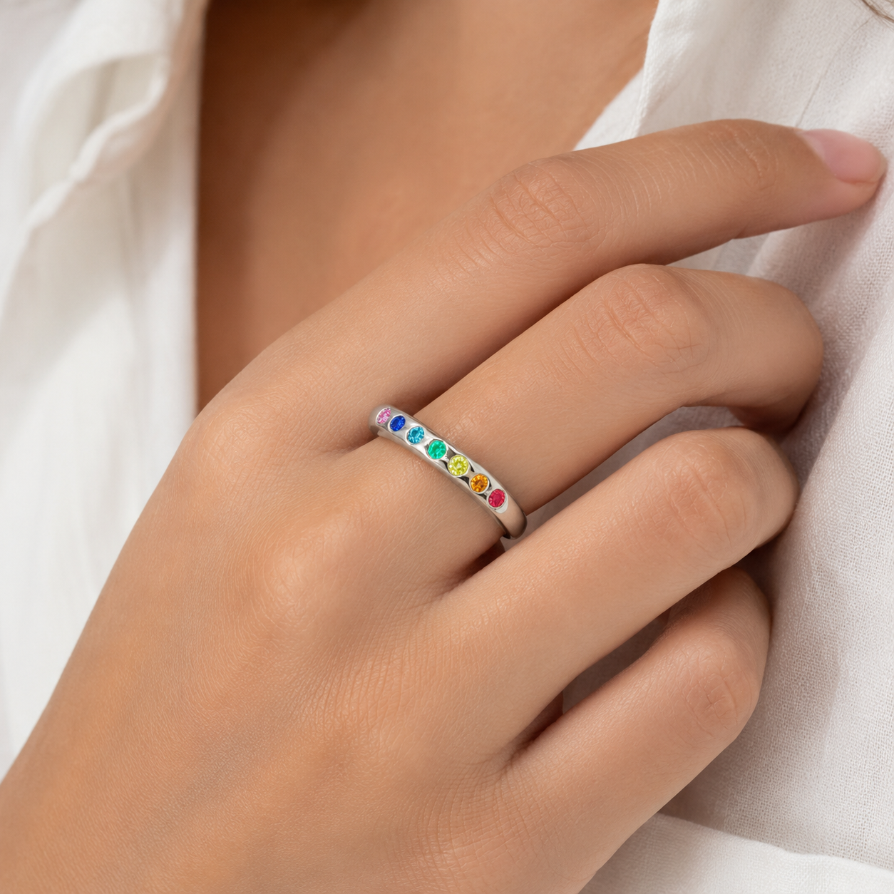 Rainbow Ring with Coloured Diamonds and Gemstones in Sterling Silver