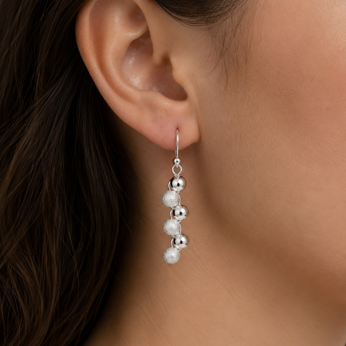 Cascade Earrings – Silver Beads Waterfall Design