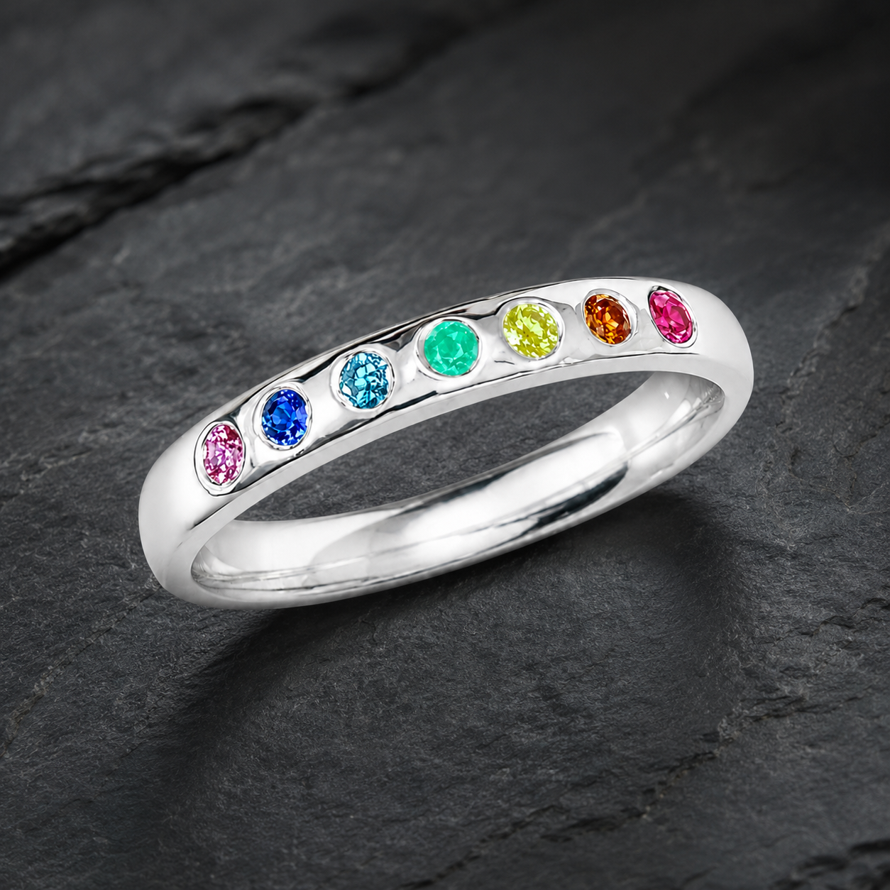 Rainbow Ring with Coloured Diamonds and Gemstones in Sterling Silver