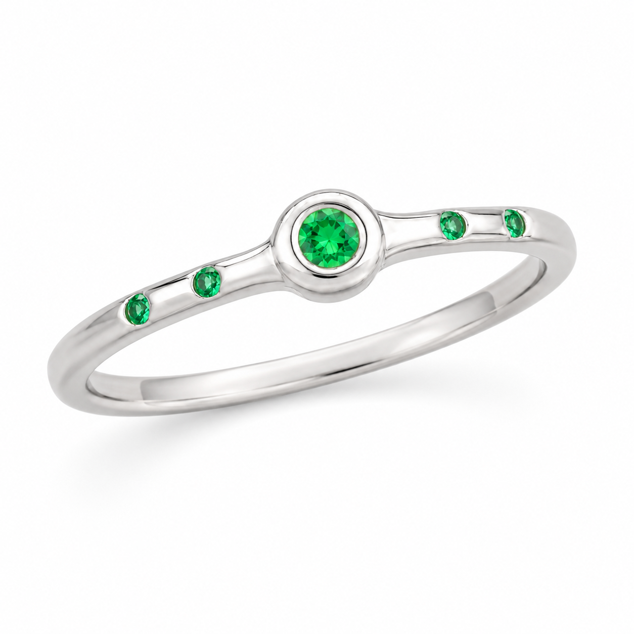 Penta Ring with 5 Emeralds in Sterling Silver Squared Band