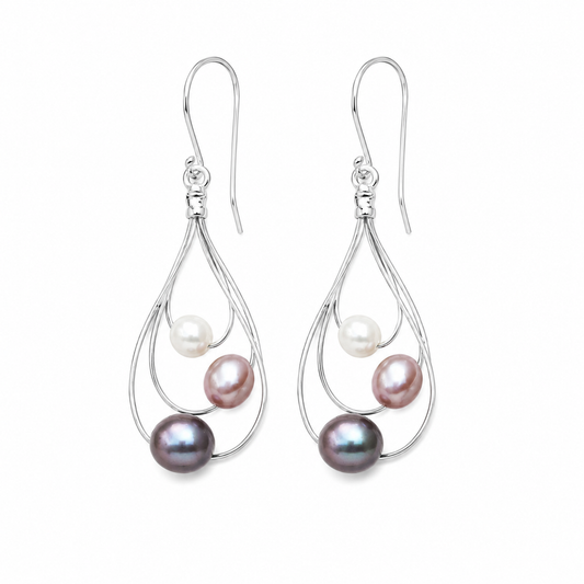 Galaxy Earrings – Three Pearls on Silver Loops