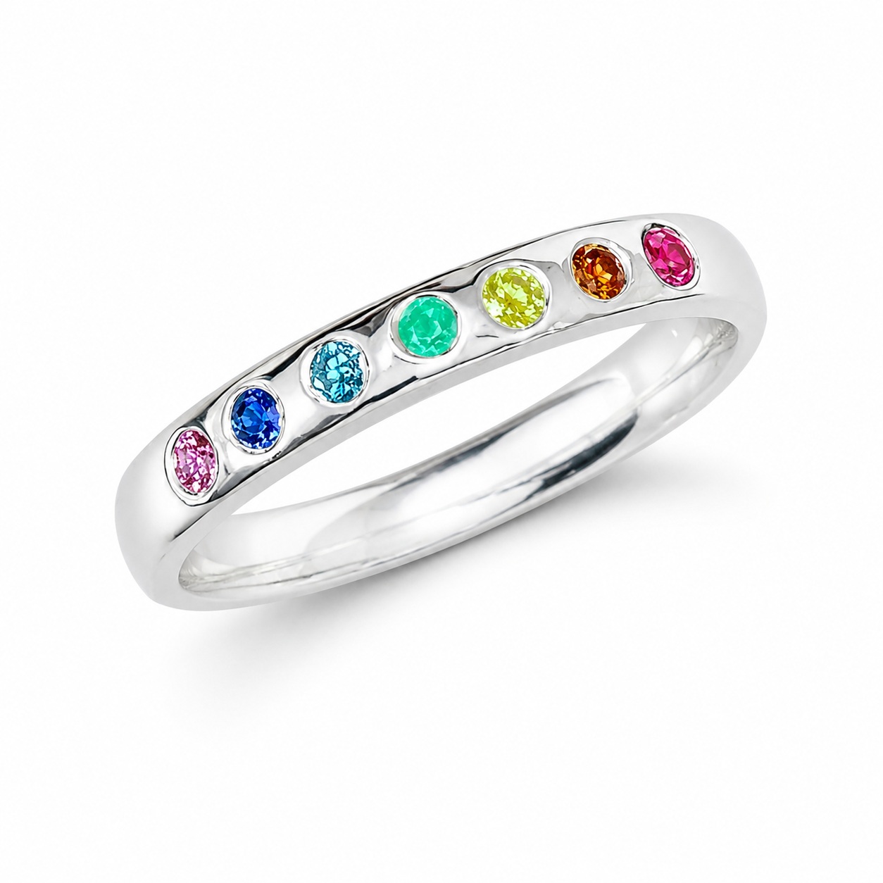 Rainbow Ring with Coloured Diamonds and Gemstones in Sterling Silver