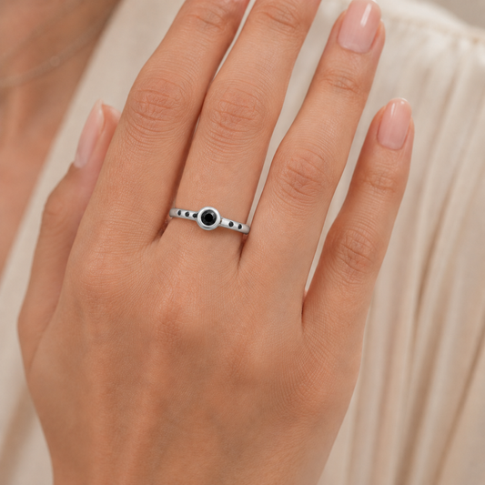 Penta Ring with 5 Black Diamonds in Sterling Silver Squared Band